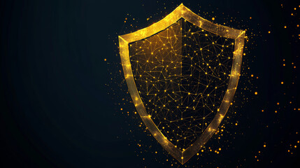 Poster - Gold Shield and touch. Abstract wireframe vector illustration on dark background. Protect and Security of Safe concept. Low poly golden starry sky digital 3d modern image. Polygonal knight sign