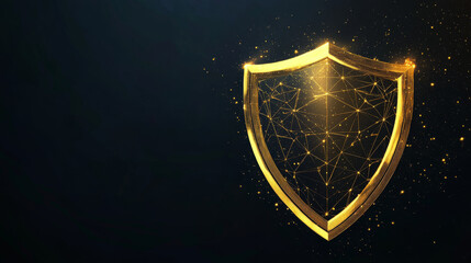 Poster - Gold Shield and touch. Abstract wireframe vector illustration on dark background. Protect and Security of Safe concept. Low poly golden starry sky digital 3d modern image. Polygonal knight sign