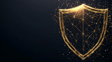 Poster - Gold Shield and touch. Abstract wireframe vector illustration on dark background. Protect and Security of Safe concept. Low poly golden starry sky digital 3d modern image. Polygonal knight sign