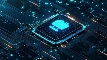 Poster - AI semiconductor on circuit tech background. AI chip light neon effect. Technology digital bg. Abstract horizontal banner. Artificial Intelligence concept. Blue-green futuristic vector illustration.