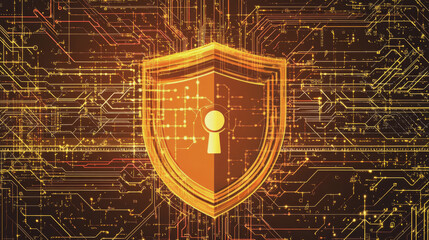 Poster - Security Shield. Digital technology protect sign. Cyber security and information or network protection in polygon, lines and geometric shapes. Low poly wireframe vector.
