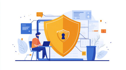 Poster - Security Shield. Digital technology protect sign. Cyber security and information or network protection in polygon, lines and geometric shapes. Low poly wireframe vector.