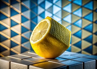 Poster - Close-Up Architectural Photography of a Cubic Lemon Structure Highlighting Unique Textures and Shapes in a Modern Design Context