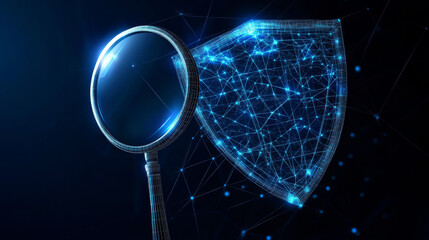 Poster - inspections system. magnifying glass and knight shield. security. check and protection. glitch low-p