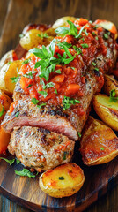 Wall Mural - Sliced roast beef with tomato sauce and roasted potatoes garnished with basil