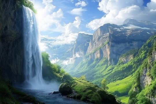 Lauterbrunnen Valley: Stunning Swiss Landscape with Waterfall, Mountains, and Sky