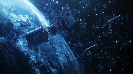Poster - Low poly satellites in space and Earth view isolated in blue. Global internet communications, satellite network concept. Abstract vector mesh wireframe consisting of lines, dots and flying particles
