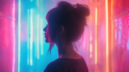 Wall Mural - A silhouette of a woman against vibrant neon lights in a colorful corridor.