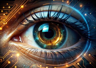 Poster - Close-up of a Human Eye with Digital Elements, Representing the Fusion of Technology and Artificial Intelligence in a Futuristic and Innovative Concept