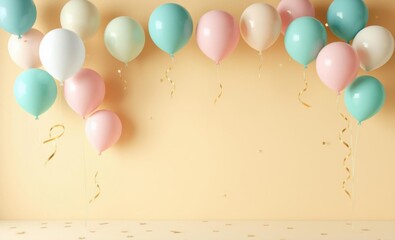 Wall Mural - Celebration backdrop in pastel colors air balloons and golden confetti on the plain beige neutral wall birthday backdrop party anniversary banner design 