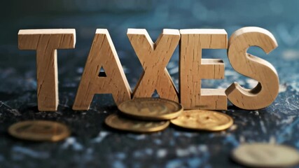 Poster - Wooden letters composing the word taxes standing on a dark blue surface with some gold coins underneath, representing the concept of tax payment and financial obligations
