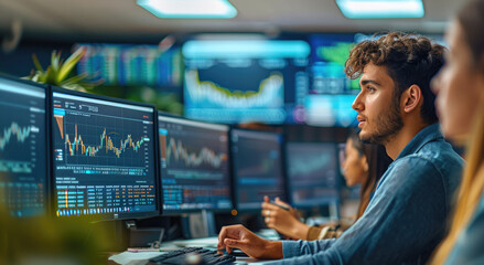 Poster - Students in an office setting, sitting at desks with computers displaying stock market charts and trading software on the screens. A man is standing behind them, providing training.