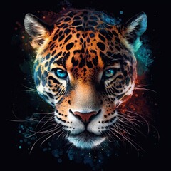 Poster - Stylized neon jaguar face vibrant urban art gallery close-up on wild animal concept