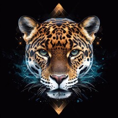 Poster - Vibrant stylized jaguar face with spotted pattern in neon colors digital art abstract environment close-up view for contemporary aesthetic appeal