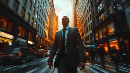 Poster - A businessman walking in the city, appears to walk faster than others.