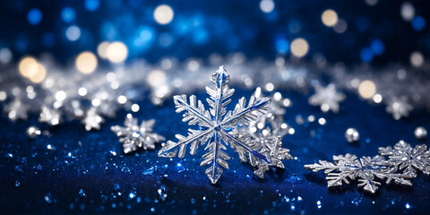 Wall Mural - magical white snowflakes over glitter blue dark background