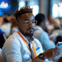 Aufkleber - Ethnically diverse professional participants at a conference networking and typing social media messages on their phone.