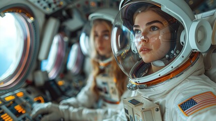 Poster - Two woman, both in astronaut suit with transparent helmet, are seated at the spaceship controls.