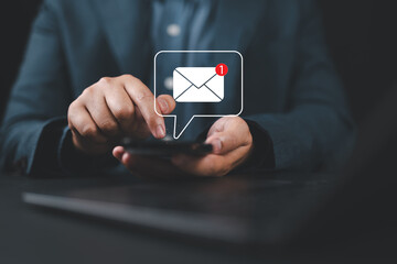 Fototapete - Email campaign alert concept. New email send notification for business e-mail communication. Digital marketing, internet technology. Inbox receives electronic message invite. Man touch on newsletter.