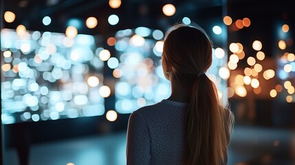 Poster - Woman gazes at a captivating light installation in a modern gallery at night