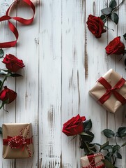 Poster - A clean, white wooden background with a red ribbon, roses.
