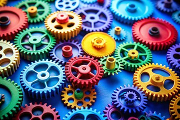 Poster - Colorful Gears Symbolizing Teamwork and Innovation on a Blue Background - Creative Arrangement for Visual Impact in a Dynamic and Engaging Style