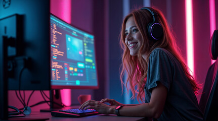 Poster - young girl cyber sportsman at the computer . Generative AI