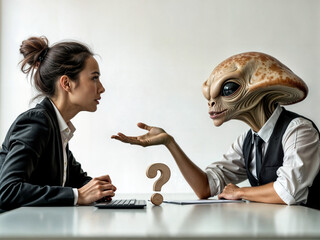 Poster - futuristic alien interviewing human, HR department . Generative AI