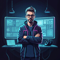 Poster - fashionable graphic programmer against the background of a computer and futuristic interior . Generative AI