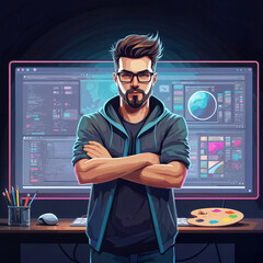 Poster - fashionable graphic programmer or designer against the background of a computer and futuristic interior . Generative AI