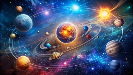 Poster - Conceptual Photography of Orbiting Celestial Bodies with Unique Symbols Representing Different Concepts and Ideas in a Bright, Colorful Cosmos Atmosphere