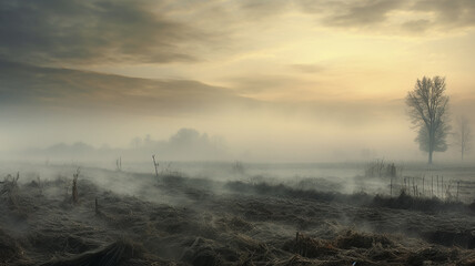 Wall Mural - landscape fog in the autumn field, morning light