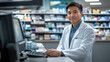 © leszekglasner - Smiling Asian pharmacist in a pharmacy operates a computer and searches for medicines from a patient's prescription