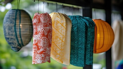 A festive cloth market with colorful fabrics swaying in the breeze under decorative lanterns.