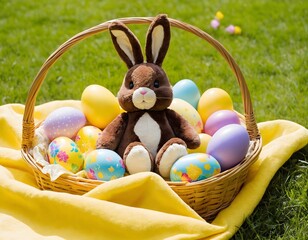 Colorful easter basket with bunny and painted eggs on grass