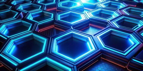 Poster - Dark Hexagon Pattern on Blue Neon Background - Modern Geometric Shapes in a Technological Style Ideal for Futuristic Themes and Digital Art Applications