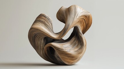 Poster - Unique wooden sculpture showcasing fluid curves and dynamic lines, positioned on a neutral background for artistic expression