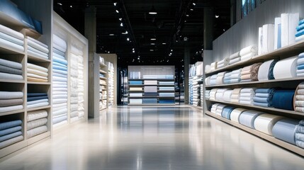 Poster - A modern fabric store with bright lighting and neatly displayed rolls of premium textiles.