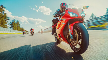 Poster - Road racing motorcycle in high speed on racing track - Moto GP and grands prix concept - Models by AI generative.