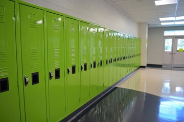  Bright Green School Lockers Line Corridor Wall