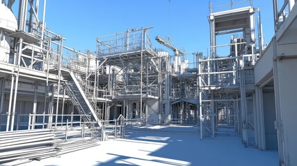 Industrial Plant with Scaffolding and Clear Blue Sky Background