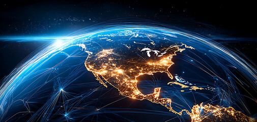 Poster - Global economic volatility understanding the interconnectedness of our planet digital landscape night sky satellite viewpoint