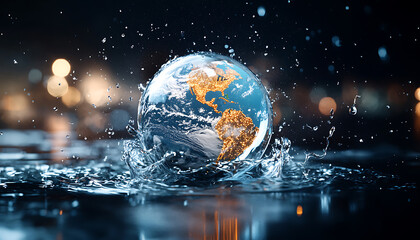 Poster - Global economic volatility explored water splashing on earth globe amidst urban night lights