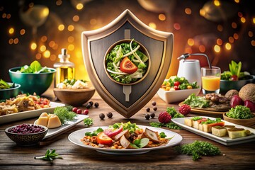 Poster - Digital Shield with Keyhole Surrounded by Gourmet Food: A Unique Fusion of Culinary Delight and Cybersecurity Imagery for Food Photography