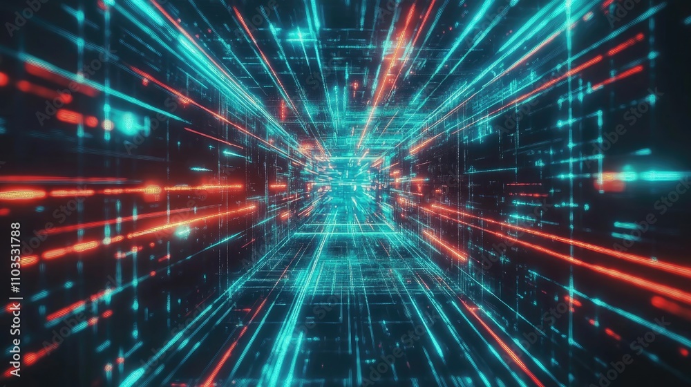 Futuristic Data Stream in Neon Colors with Abstract Digital Patterns