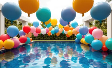 Colorful balloons floating over swimming pool, vibrant party decorations, poolside celebration, inflatable balloons reflection in water, festive outdoor setting, bright yellow and blue balloons, multi