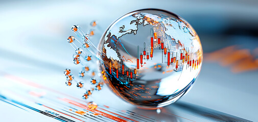 Poster - Global economic volatility analyzing market trends through a crystal ball lens digital environment abstract perspective