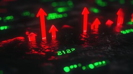 Poster - A stock market concept featuring a blend of glowing statistics, arrows, and a dark background.