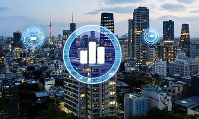 Poster - The skyline of a bustling city illuminates as technology graphics indicate data analytics and connectivity in the evening light