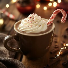 Warm, rich hot chocolate topped with whipped cream and candy cane.